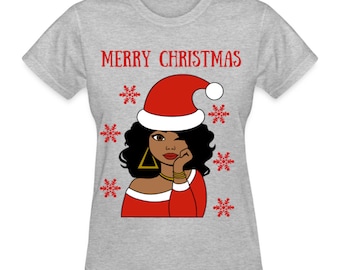 African American Women T-Shirt Merry Christmas Short Sleeve