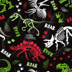 May include: A black background with a repeating pattern of dinosaur skeletons in white, red, and green. The word "ROAR" is scattered throughout the design, along with dinosaur footprints and stylized grass.