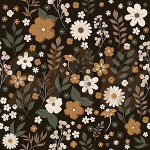 May include: A seamless pattern featuring a variety of brown, white, and green flowers and leaves on a dark brown background.