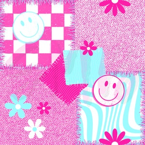 Peut inclure: Un motif patchwork rose et bleu avec des visages souriants, des fleurs et des lignes ondulées. Le motif est composé de différents tissus, dont du denim, du vichy et du rayé.