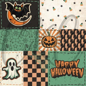 May include: A patchwork design featuring Halloween-themed illustrations. Includes a black bat on an orange crescent moon, a jack-o'-lantern, a ghost, candy corn, stars, and the words "Happy Halloween". The color palette includes black, orange, green, and white.