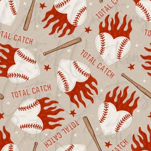 May include: A repeating pattern featuring baseballs with red flames, baseball bats, and red stars on a beige background. The text "TOTAL CATCH" is also included in red. This design is suitable for sports-themed products.