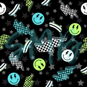 Peut inclure: Un motif d'éclair en damier noir et blanc, un visage souriant bleu avec des éclairs, un visage souriant vert avec des éclairs et une planche à roulettes sur un fond noir avec des étoiles blanches.