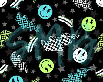 Retro Lightning Bolt Smiley Skateboard Seamless Digital Design