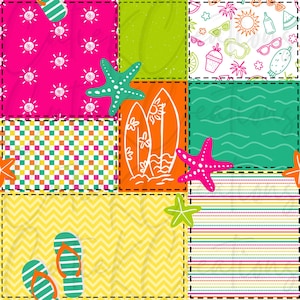Peut inclure: Un motif patchwork coloré avec des illustrations sur le thème de l'été. Le design comprend des images de planches de surf, d'étoiles de mer, de tongs et de soleils. La palette de couleurs comprend du rose vif, du vert, de l'orange et du jaune.