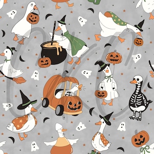 May include: A repeating pattern featuring cartoon geese in Halloween costumes. The geese are dressed as witches, skeletons, and are carrying pumpkins. The background is a light gray with stars, moons, and ghost shapes.