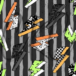 May include: A repeating pattern of lightning bolt shapes in a variety of colours and designs. The bolts are decorated with skulls, spiderwebs, and checkered patterns, set against a backdrop of vertical grey and black stripes. The design has a Halloween theme.