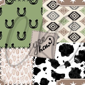 Op de afbeelding: Een patchwork-ontwerp met diverse patronen en motieven. Het bevat groene achtergronden met zwarte hoefijzers, een beige achtergrond met cactussen, een koeienvelpatroon en een geometrisch patroon. De tekst "Yee Haw" is ook aanwezig.