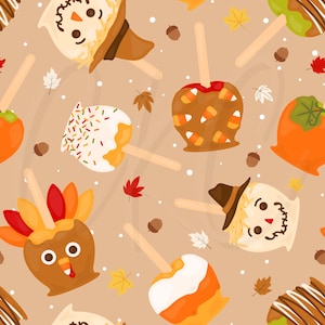 Puede incluir: Un patrón repetido de manzanas con caramelo en palitos, decoradas con diseños temáticos de otoño. Las manzanas tienen forma de espantapájaros, pavo y otras formas festivas. El fondo es de color marrón claro con hojas y bellotas dispersas.