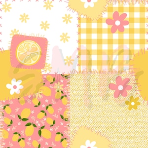 May include: A patchwork design featuring various patterns and colors. The design includes a lemon slice, lemons with leaves, gingham, and floral patterns. The color palette consists of yellow, pink, and white, with decorative stitching.