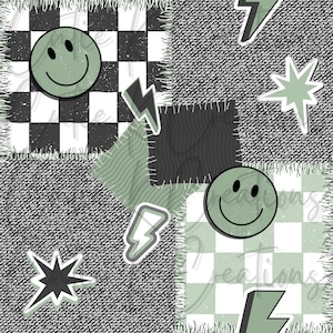 May include: A patchwork design with a checkerboard pattern, denim texture, and various shapes. The design includes green smiley faces, lightning bolts, and starbursts. The colour palette consists of black, white, and shades of green.
