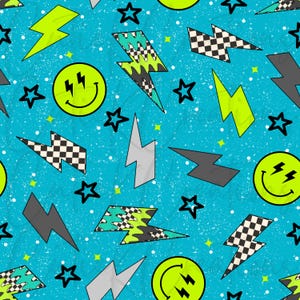 May include: A repeating pattern on a teal background featuring neon green lightning bolts, black and white checkered lightning bolts, gray lightning bolts, yellow stars, and smiley faces with lightning bolt eyes. The design has a grunge texture.