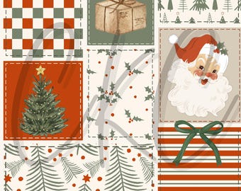 May include: A patchwork design with Christmas motifs. It features a Christmas tree, Santa Claus, a gift box, holly, and various patterns in red, green, and cream. A green bow is also included in the design.