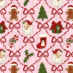 May include: A repeating pattern of Christmas-themed illustrations on a pink background. The design includes Santa Claus, gingerbread men, Christmas trees, gift boxes, candy canes, holly, bows, and a stocking with a snowman.
