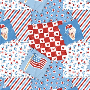 Könnte beinhalten: Ein Patchwork-Muster mit patriotischen Motiven. Das Design umfasst rot-weiße Streifen, blaue Sternmuster, rot-weiß karierte Quadrate mit Herzen und Illustrationen von Eiswaffeln und der amerikanischen Flagge. Das Farbschema ist rot, weiß und blau.
