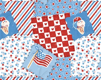 Girly Cute Patriotic Floral 4th of July Seamless Patchwork with coordinates included