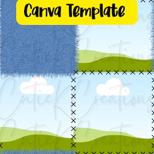 Op de afbeelding: Een Canva-sjabloonontwerp met een blauwe denim patch in de linkerbovenhoek. Het ontwerp toont een landschap met groene heuvels, blauwe lucht en witte wolken. De tekst "Canva Template" staat in een gele rechthoek.