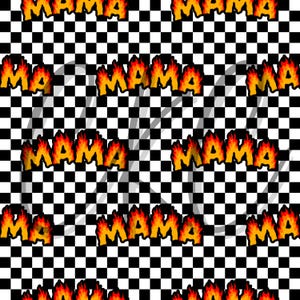 May include: A repeating pattern with the word "MAMA" in a fiery font, set against a black and white chequered background. The letters are outlined in black with yellow and orange flames.