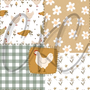 May include: A patchwork design featuring various patterns: white daisies on a tan background, chickens on a white background, and a green and white checkered pattern. A large letter "M" is overlaid, with a chicken illustration on a tan square.