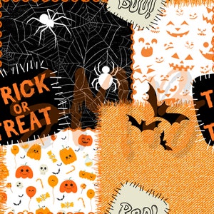May include: A patchwork quilt design with a Halloween theme. The quilt is made up of different fabrics with various Halloween motifs, including bats, spiders, pumpkins, and the words "Trick or Treat".