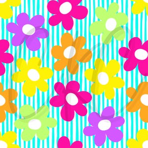 May include: A seamless pattern featuring colorful flowers with white centers on a turquoise and white striped background.