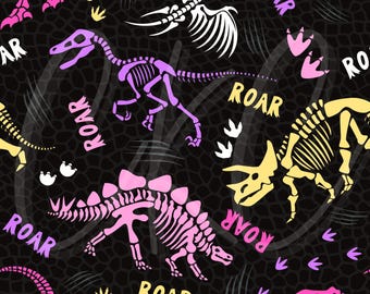 May include: A seamless pattern featuring dinosaur skeletons in pink, yellow, and white on a black background. The word "ROAR" is scattered throughout the design, along with dinosaur footprints. The overall theme is prehistoric.