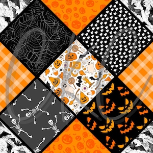May include: A patchwork design featuring Halloween-themed patterns. The design includes orange pumpkins, ghosts, spiderwebs, skeletons, and candy corn. The color palette is black, white, and orange, creating a festive and spooky aesthetic.