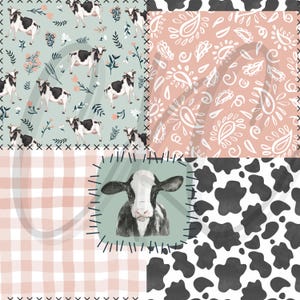 Może przedstawiać: Projekt patchworkowy z różnymi wzorami i ilustracjami. Projekt zawiera jasnoturkusowe tło z ilustracjami krów, różowy wzór paisley, różową i białą kratę vichy, ilustrację krowy oraz czarno-biały nadruk krowy.