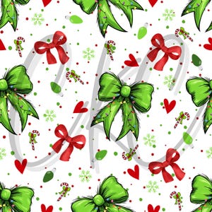 May include: A seamless pattern featuring green bows with white lights, red bows, candy canes, red hearts, and green and white snowflakes on a white background.