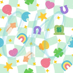 May include: A seamless pattern featuring a variety of colourful shapes and symbols on a green and white chequered background. The shapes include hearts, stars, rainbows, clovers, horseshoes, and a leprechaun's hat.