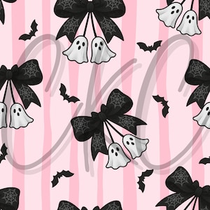 Peut inclure: Motif répétitif avec des nœuds noirs ornés de toiles d'araignées, des fantômes blancs et des chauves-souris noires sur un fond à rayures roses. Le motif a un thème effrayant d'Halloween.