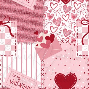 Puede incluir: Un diseño de patchwork con elementos de San Valentín. Incluye corazones, lazos y un sobre con corazones. La paleta de colores es principalmente roja y rosa, con acentos blancos. El texto "be my VALENTINE" es visible.