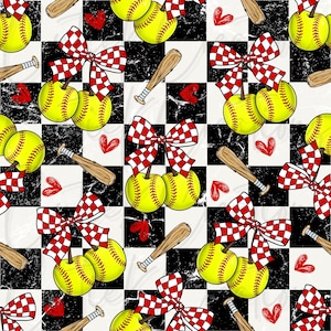 May include: A repeating pattern featuring yellow softballs with red and white checkered bows, wooden baseball bats, and red hearts on a black and white checkered background. The design is playful and sports-themed.