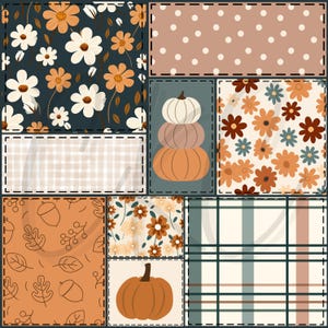 Könnte beinhalten: Ein Patchwork-Design mit herbstlichen Mustern. Es zeigt florale Drucke in Weiß, Orange und Braun, sowie Polka Dots, Karomuster und Blattmotive. Ein Stapel Kürbisse ist ebenfalls enthalten, mit einem einzelnen Kürbis unten.