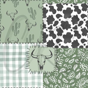 May include: A patchwork design featuring various patterns. The design includes a cow skull, cactus, cow print, gingham, and paisley patterns. The color palette consists of green, white, and black, with a stitched border.