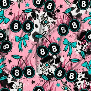 May include: A pink and black seamless pattern featuring cherries with flames, 8-ball designs, and turquoise bows. The background is a pink and black splatter pattern.