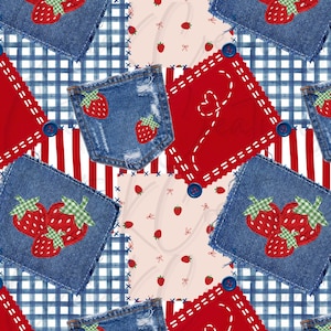 May include: A repeating pattern with denim patches, each with embroidered strawberries, set against red squares with heart stitching, and blue gingham and striped backgrounds. Blue buttons and strawberry motifs complete the design.