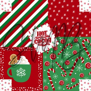 Könnte beinhalten: Ein digitales Papierpaket mit Weihnachtsmotiv. Das Paket enthält vier verschiedene Muster: Rot-grüne Streifen, Rot mit weißen Sternen, Grün mit weißen Schneeflocken und Zuckerstangen sowie Weiß mit roten und grünen Zuckerstangen. Der Text "Hot Cocoa" ist in einem weißen Quadrat mit rotem Rand dargestellt.