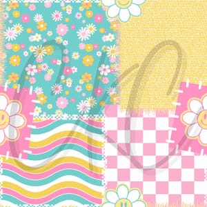 May include: A patchwork design featuring various patterns. The design includes a teal floral pattern, a yellow woven texture, pink and white checkered squares, and a striped pattern in teal, yellow, and pink. Smiley face flower graphics are also present.