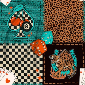 Puede incluir: Un diseño de patchwork con símbolos de naipes, dados y un tigre rugiente. El cuadrado superior izquierdo tiene una pica con cerezas y una bola 8. El cuadrado superior derecho tiene un estampado de leopardo.