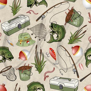 May include: Seamless pattern featuring fishing-related illustrations. Includes green fish, fishing rods, tackle boxes, bait buckets, bobbers, fishing nets, worms, and a fishing hat. The design is in shades of green, red, and brown on a beige background.