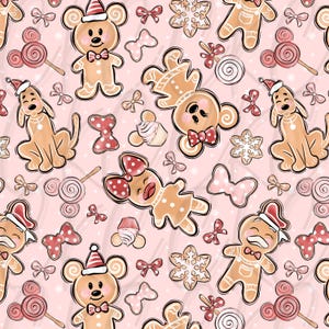 May include: A repeating pattern on a pink background features gingerbread people, dogs, and bear-like characters wearing Santa hats and bow ties. The design includes bows, snowflakes, cupcakes, and lollipops in shades of red, pink, and white.