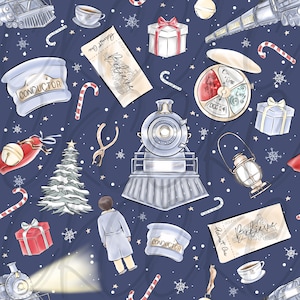 Può includere: Un'illustrazione stravagante su sfondo blu navy con un motivo ripetuto di elementi a tema natalizio. Il design include un treno, cappelli da capotreno, bastoncini di zucchero, scatole regalo, un albero di Natale e biglietti con la scritta "Believe".