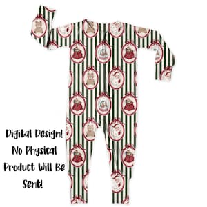 May include: A one-piece pajama with a green and white striped pattern. The pajama features repeating oval designs with a teddy bear, Santa Claus, and a gift bag. The text "Digital Design! No Physical Product Will Be Sent!" is visible.