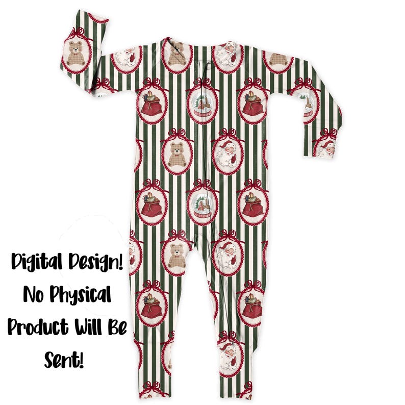 May include: A one-piece pajama with a green and white striped pattern. The pajama features repeating oval designs with a teddy bear, Santa Claus, and a gift bag. The text "Digital Design! No Physical Product Will Be Sent!" is visible.