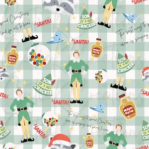 Puede incluir: Patrón repetitivo con ilustraciones de dibujos animados de elfos, mapaches y botellas de jarabe de arce sobre un fondo a cuadros verde claro y blanco. El texto incluye "SANTA!" y frases como "La mejor manera de difundir la alegría navideña es cantar fuerte."