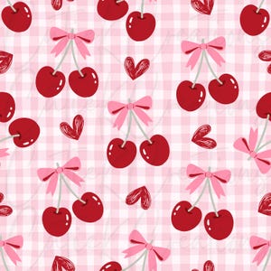May include: A repeating pattern featuring red cherries with pink bows and red hearts set against a pink and white gingham backdrop. The cherries are in pairs with green stems. The hearts are hand-drawn and the bows are tied.