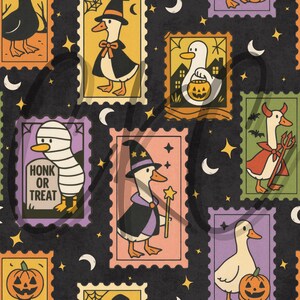 May include: A repeating pattern of Halloween-themed postage stamps featuring cartoon geese in costumes. The geese are dressed as a witch, mummy, and devil, holding a jack-o'-lantern, and carrying a trick-or-treat bucket. The text "HONK OR TREAT" is visible.