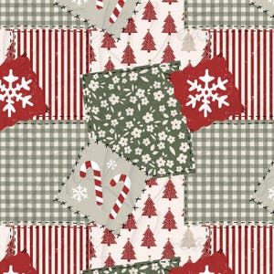 May include: A seamless digital pattern featuring a patchwork design of squares. The squares display red and white stripes, green and white gingham, red Christmas trees on a cream background, white flowers on green, and red snowflakes.