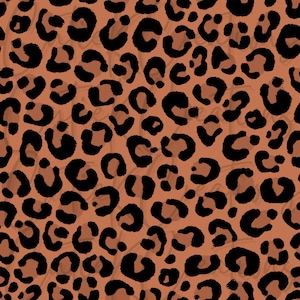 May include: A seamless pattern featuring black leopard spots on a warm, orange-brown background. The spots vary in size and shape, creating a dynamic and textured design. This pattern is suitable for various applications, including fabric, wallpaper, and digital designs.